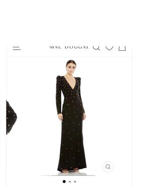 Mac Duggal Black Pearl-Studded Long Sleeve V-Neck Gown
